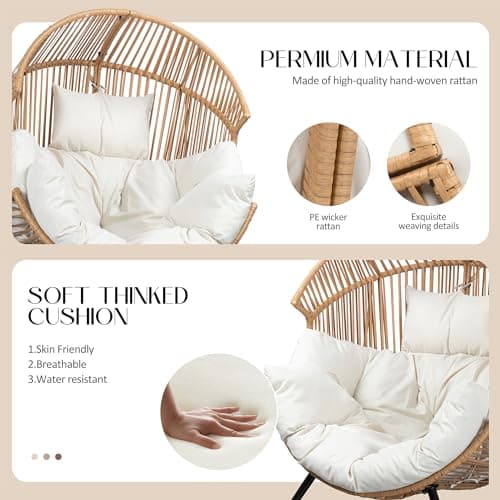 JAMFLY Egg Chair Wicker Outdoor Chairs, Oversized Patio Chair Oversized Lounger Chair with Cushion for Indoor Living Room, Bedroom, Outside Patio Backyard Balcony, Beige