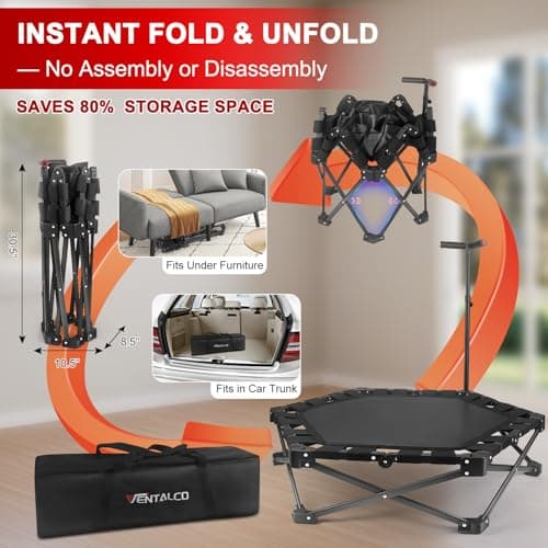 Foldable Mini Trampoline — One-Step Fold & Open, 42" Rebounder Trampoline for Adults & Kids, 450lbs Max Load, Adjustable T-Bar, Indoor & Outdoor Workout