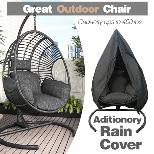Oversized Hanging Egg Chair Outdoor Wicker Swing Chair with Stand Rain Cover UV Resistant Cushion 400lbs Capacity for Patio, Garden and Balcony