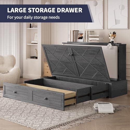 ijuicy Murphy Bed Queen with Foam Mattress, Convenient Murphy Bed Cabinet with Charging Station & Storage Board, Bed That Folds into Cabinet with Large Storage Drawer for Bedroom,Guest Room(Grey)