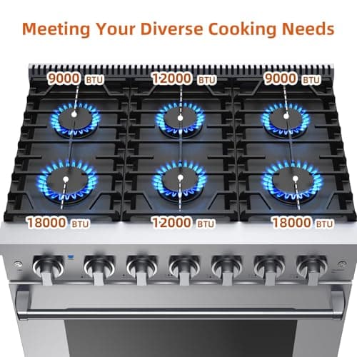 36 Inch Freestanding Dual Fuel Range Oven Stove, 6.0 Cu. Ft True Convection and Self Clean, Cooktop 6 Sealed Gas Burners, Stainless Steel