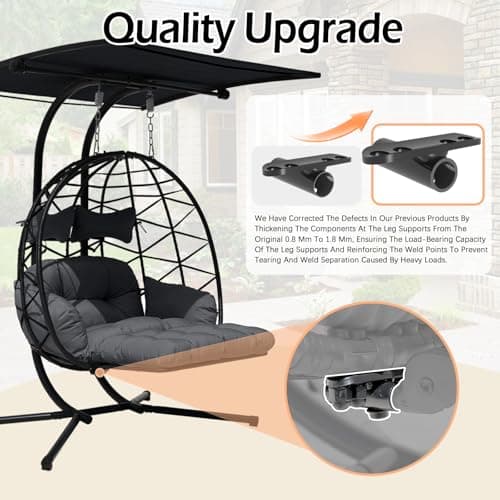 Double Egg Chair Outdoor with Stand & Adjustable and Removable Canopy, Foldable Leg Rest, Leg Support Bracket Tube Thickened Treatment, 600lbs Capacity for Bedroom, Balcony, Garden (HQH)