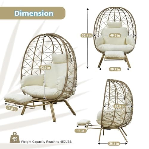 Wicker Egg Chair with Footrest & Cushions - Oversized 450lb Capacity Boho Wicker Egg Chair with Ottoman for Indoor/Outdoor - Beige Rattan Lounge Seat for Patio, Balcony, Garden, Home