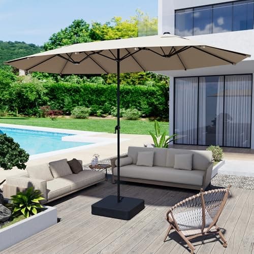 15FT Large Patio Umbrella with Base Included, Outdoor Deck Standing Umbrella with Crank Handle, Double-Side Rectangular Pool Umbrella for Outside, Market, Patio, Beige