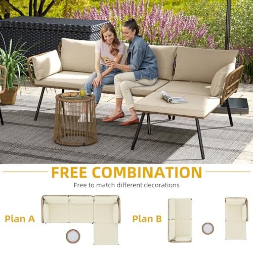 DWVO Patio Furniture Set 3 Piece Outdoor Wicker Conversation Set with Detachable Cushions and Coffee Table L-Shaped Sectional Sofa Set Outdoor Furniture Set for Backyard Porch Deck - Beige