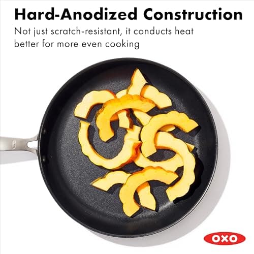 OXO 12” Nonstick Frying Pan Skillet, Enhanced PFAS-Free Ceramic Nonstick, Durable Hard Anodized Cookware, Scratch Resistant, Good Grips, Easy Clean Dishwasher Safe, Oven Safe, Drip Free Pours, Black