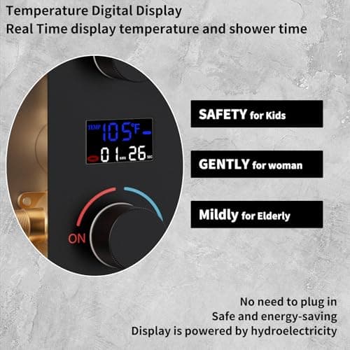 Matte Black Thermostatic Shower System Digital Display Full Body Shower System with 16 x 26 Inch Ceiling Rain LED Shower Head, Handheld Shower and 6 PCS Body Jets