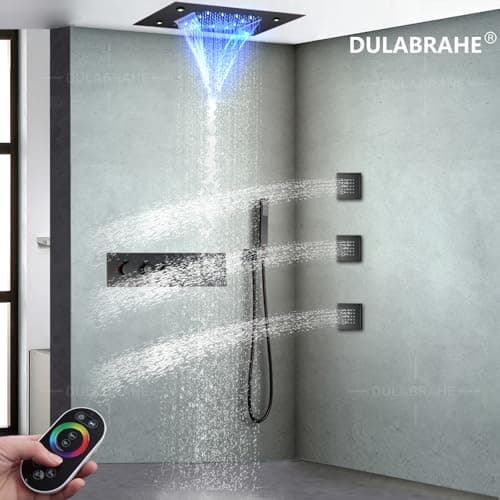 14 X 20 Inch Ceiling LED Rain Shower Head With Body Jets Large Luxury Rainfall Shower System Thermostatic Mixer Set Kit Included (Oil Rubbed Bronze)