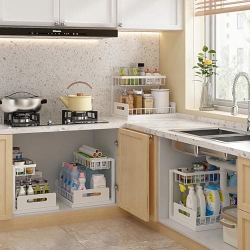 REALINN Under Sink Organizer, Pull Out Cabinet Organizer 2 Tier Slide Out Sink Shelf Cabinet Storage Shelves, Under Sink Storage for Kitchen Bathroom Cabinet, White, 1 Pack
