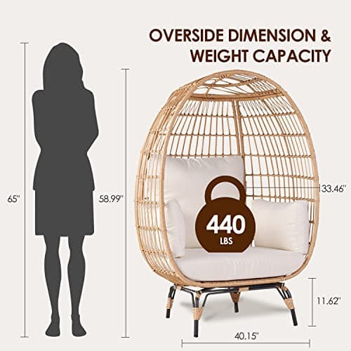 Oversized Wicker Egg Chair Set of 2, Outdoor Indoor Lounger with 4 Cushions, 440lb Capacity, Egg Basket Chair for Living Room, Backyard, Balcony, Patio, Beige