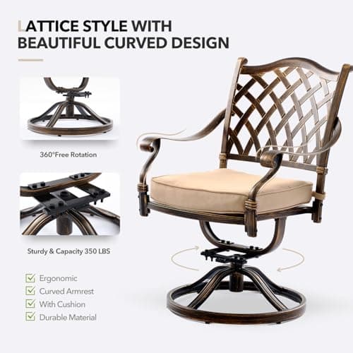 7 Piece Outdoor Dining Set Cast Aluminum, Retro Patio Dining Furniture Set for 6 Includes 59” Rectangular Table 2 Swivel Chairs with Thicker Cushions and Umbrella Hole for Patio Deck Garden
