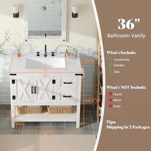 AMERLIFE 36" Farmhouse Bathroom Vanity with Sink Combo, Wood Barn Door Freestanding Small Single Bath Storage Cabinet Set with Sliding Drawers & Open Shelf, Paper Towel Holder, Antique White