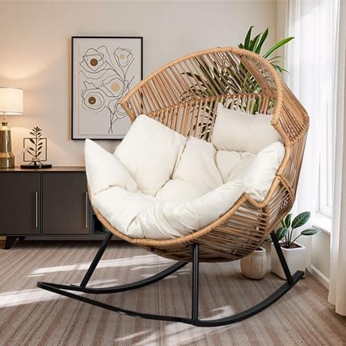 Shintenchi Wicker Egg Chair,Oversized Outdoor Indoor Rocking Chair,Large PE Rattan Rocking Chair with Cushion for Patio, Balcony, Backyard, Garden, Beige