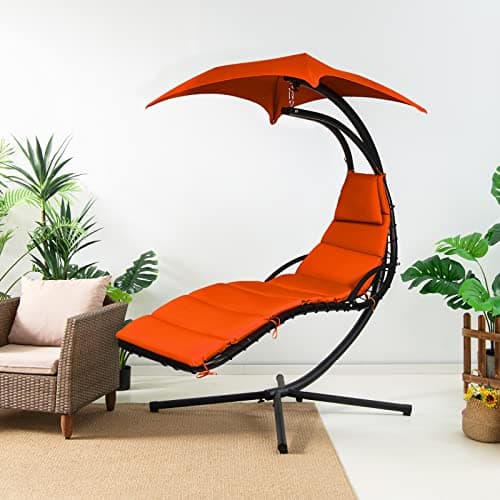 Tangkula Hanging Chaise Lounge, Arc Stand Floating Hammock Swing Chair w/ Canopy and Built-in Pillow, Curved Steel Patio Lounge Chair, Freestanding Hammock Chair with Stand for Patio Backyard Garden
