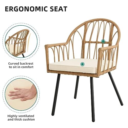 YITAHOME Bistro Chairs Set of 4 Rattan Outdoor Dining Chairs with Arms & Cushions Woven Rattan Chair with Curved Backrest All-Weather Wicker Patio Dining Chair for Patio or Restaurant, Beige