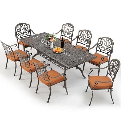 [Hi-End]Cast Aluminum Patio Furniture Set 9-Piece Outdoor Dining Set Includes 86.6’’ Rectangular Patio Table with Umbrella Hole and 8 Cushioned Dining Chairs,Rust-Free for Patio Deck Garden Pool