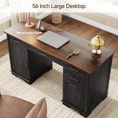 56" Large Modern Executive Desk, Farmhouse Computer Desk with File Drawers, Wood Home Office Desks with Charging Station, Adjustable Shelf, Storage Cabinet, for Writing Work Study (Black)