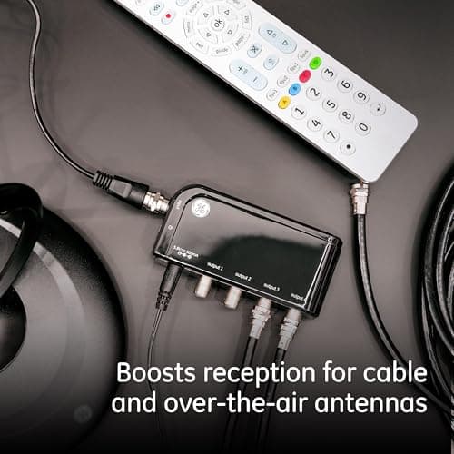 GE 4-Way HD Digital TV Antenna Amplifier, Low Noise Antenna Signal Booster, Clears Up Pixelated Low-Strength Channels, Supports Multiple HD Smart TVs, AC Adapter, Black, 34479