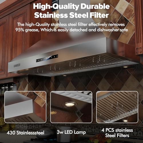 Wall Mount Range Hood 48 inch, 1200 CFM Kitchen Vent Hood, Stainless Steel Filters,4 Speed Gesture Sensing&Touch Control Panel, Stainless Steel Kitchen Vent