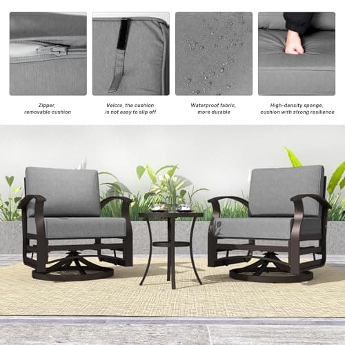 Kurapika 3 Pieces Patio Furniture Set, Outdoor Aluminum Rocking Chair, Patio Bistro Set Swivel Gliders Rocker with Tempered Glass Side Table (Grey)