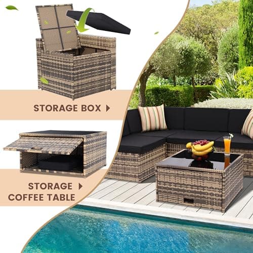 8 Pieces Outdoor Wicker Rattan Patio Furniture Sectional Set, Glass Top Table with Hidden Storage, 7 Sofa Sections, Oversized Cushions, Natural Color Rattan with Black Cushion