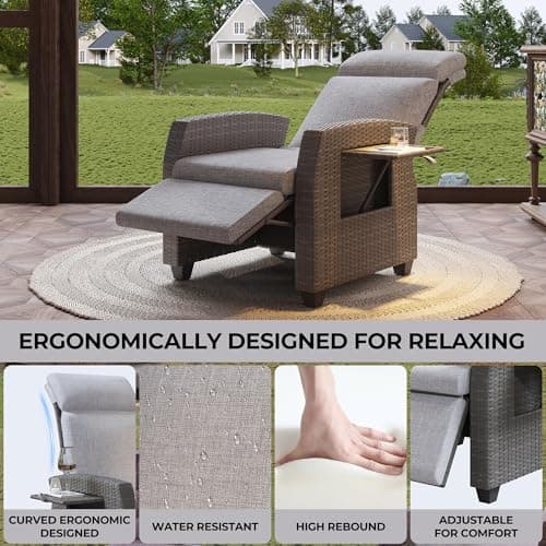Outdoor Wicker Recliner Chair, Patio Recliner with Independently Adjustable Backrest and Footrest, All-Weather PE Wicker Patio Reclining Lounge Chair with Flip-Up Table Air Pump 155° Lay Flat