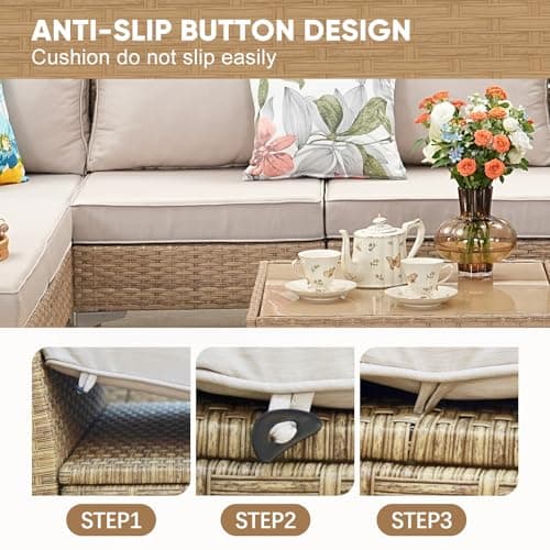 7 Piece Wicker Patio Furniture Set,Outdoor Conversation Sectional Sofa w/Coffee Table,All-Weather Outdoor Sofa with Thick and Anti-Slip Cushions for Deck,Poolside,Garden,Beige