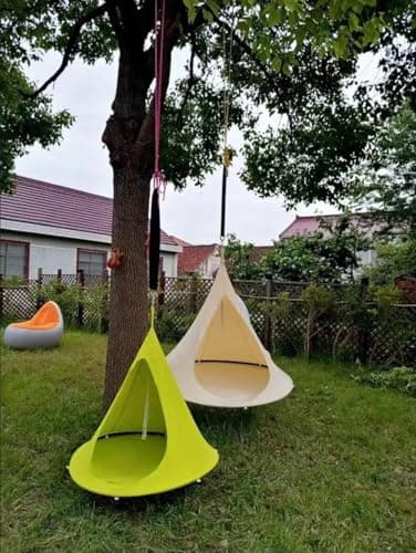 Hanging Teepee Pod Swing Chair with Stand White Canvas Swing Hammock 100cm Diameter Indoor Outdoor Use Waterproof Level 3 Steel Frame 220 lb Capacity Saucer Style