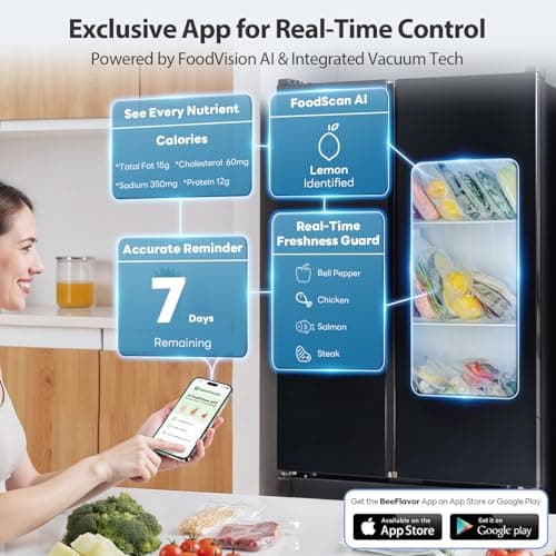 PressFree TRUE-Auto Vacuum Sealer Machine, Beelicious 85KPA Fully Automatic 8-IN-1 Food Sealer with Bags Storage, Build-in Cutter, Moist Mode and Air Suction Hose | Digital Countdown | Sous Vide