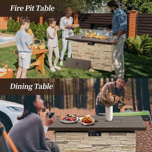 43" Propane Fire Pit Table Outdoor Stone Firepit Table Rectangular 50000 BTU Propane Fire Tables for Outside Patio with Wind Guard, Table Lid, Fire Beads, Cover,Pizzello Caldo (Buff)