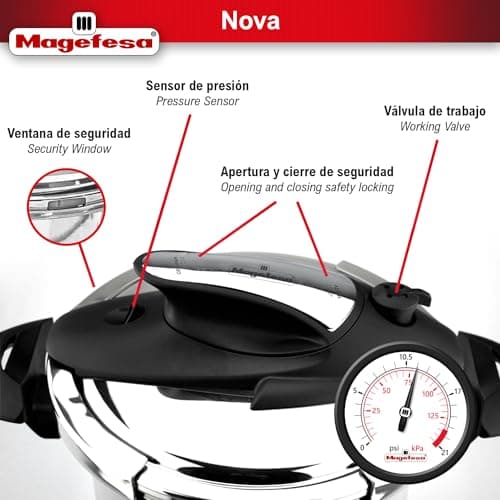 Magefesa Nova 4.2 Qt Stovetop Pressure Cooker – Fast Cooking, Easy Locking, 18/10 Stainless Steel, Induction Compatible, 5 Safety Features, 11.6 PSI