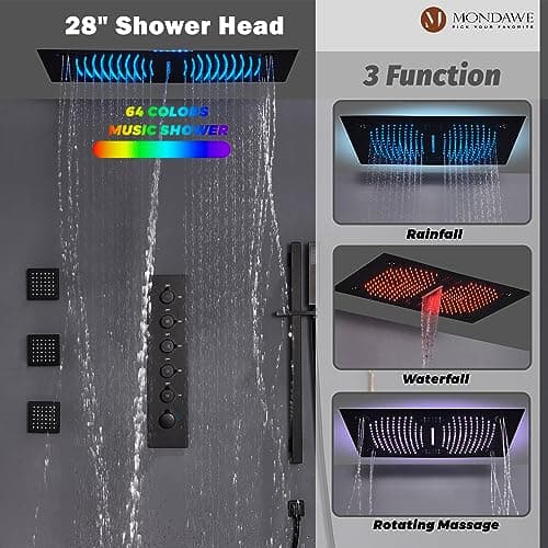 MONDAWE 28 Inch Flush-Mounted Thermostatic Shower System in Matte Black, 64 Colors LED and Bluetooth Control Music Rainfall Shower Head, Handheld Spray and Body Jets, High Pressure Shower Faucet Set