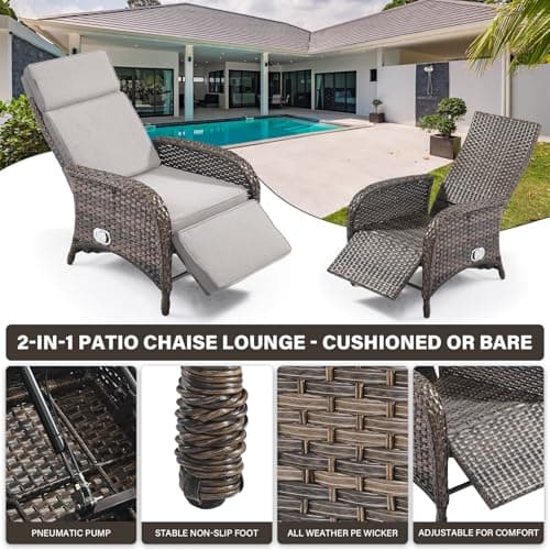 Versatile Outdoor Recliner Chair - Reclining Patio Chair with Adjustable Backrest and Footrest, All-Weather Wicker Chaise Lounge Chair Outdoor for Pool Deck Brown