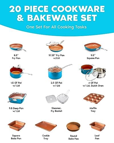 GOTHAM STEEL 20 Piece Copper Pots and Pans Set Nonstick Cookware Set + Complete Ceramic Bakeware Set for Kitchen with Long Lasting Non Stick, Dishwasher/Oven Safe, Non Toxic – Turquoise