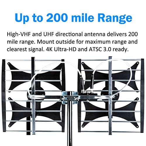 Five Star Multi-Directional 4V HDTV Amplified Antenna - up to 200 Mile Range, UHF/VHF, Indoor, Attic, Outdoor, 4K Ready 1080P FM w/ 40ft RG6 coaxial Cable, Mounting Pole