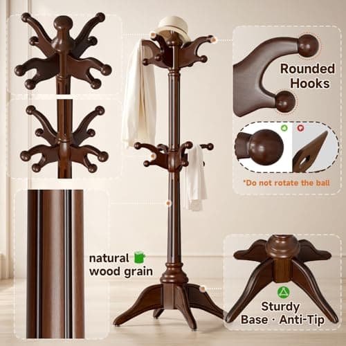Solid Wood Rotary Coat Rack Freestanding, Heavy Duty Coat Hanger Stand with 2 layer Multi-direction Hooks, 360° Rotating Standing Coat Rack Tree for Entryway, Bedroom, Office, H: 77.6in (Walnut)