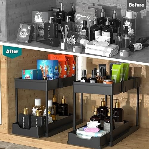 2 Pack Under Sink Organizer, 2 Tier Bathroom Cabinet Organizer with Sliding Basket, Multi-Purpose Under Sink Organizers and Storage for Bathroom Kitchen