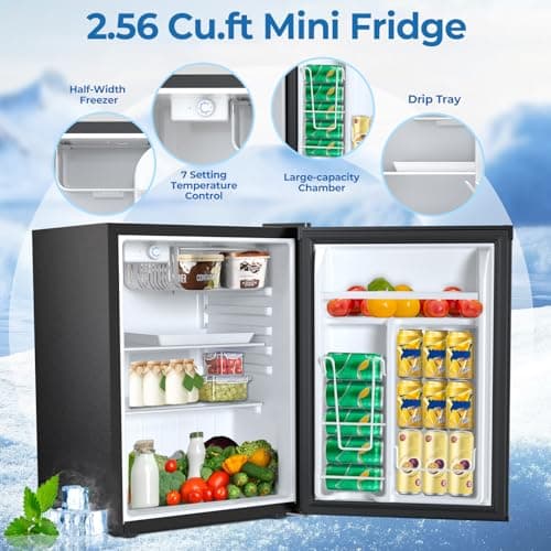 Compact Refrigerator 2.56 Cu.ft Mini Fridge with Freezer, Single Door Refrigerator with Adjustable Temperature Settings, Low noise, for Bedroom, Office, Dorm, Black