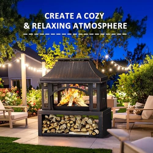 39" Fire Pits with Wood Storage for Outside, Large Wood Burning Outdoor Fireplace with Chimney, Mesh Spark Screen & Fire Poker, Idea for Backyard, Patio, Party, Camping, Picnic