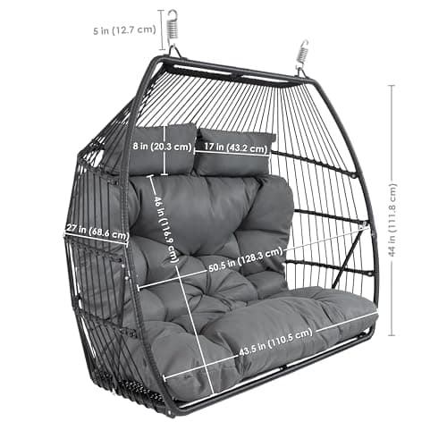 Sunnydaze Andrei Double Hanging Egg Chair with Stand - 2-Person Outdoor Egg Chair - Includes Steel Stand and Cushion - Dark Gray