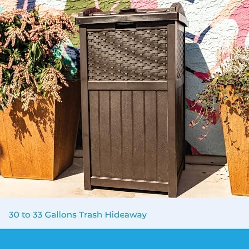 Suncast 33 Gallon Commercial Outdoor Trashcan Hideaway with Lid for 30 to 33 Gallon Trash Bags for Garage, Backyard, or Garden, Brown