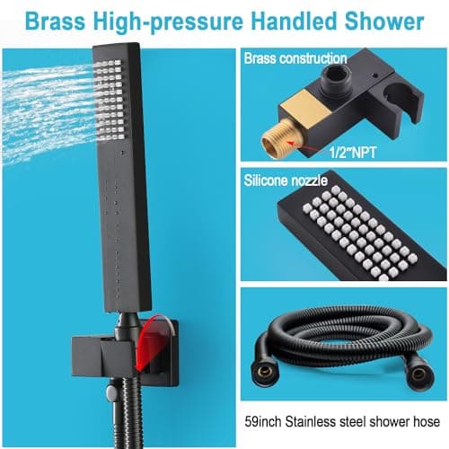 HOMEDEC 12inch Rain Shower System with Full Body Jets Sprays, Ceiling LED Brass Shower Faucet Set with 3 Functions Thermostatic Valve, Can Use All Function At Once