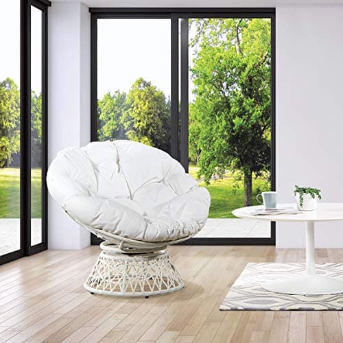 OSP Home Furnishings Wicker Papasan Chair with 360-Degree Swivel, White Frame with White Cushion
