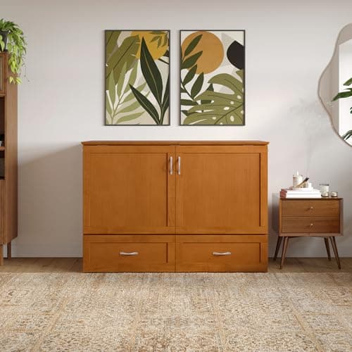 AFI Hamilton Full Murphy Bed Chest with Mattress, Storage, and Built-in Charger in Light Toffee