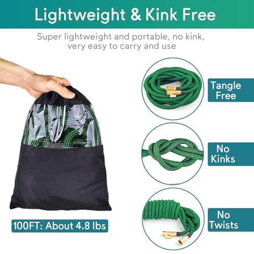 100 ft Expandable Garden Hose - 2025 New No Kink Flexible Water Hose 100ft with 10 Pattern Spray Nozzle, 3/4 Solid Brass Connectors, Retractable Latex Core - Lightweight Expanding Hose