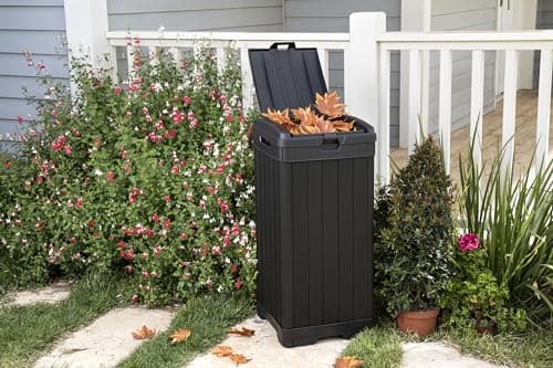 Keter Baltimore Resin 38 Gallon Outdoor Kitchen Trash Can with Lid and Drip Tray for Easy Cleaning-Perfect for Patio Dining, Black