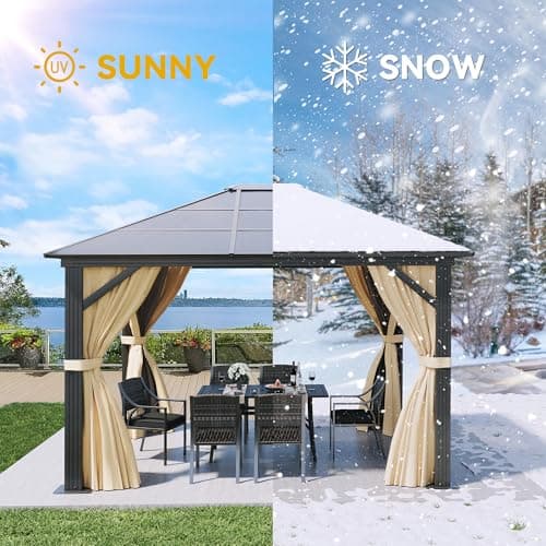 YITAHOME 10x12 Polycarbonate Gazebo Hardtop Outdoor Canopy with Netting and Shaded Curtains, Aluminum Frame Garden Tent for Patio, Backyard, Deck and Lawns, Brown