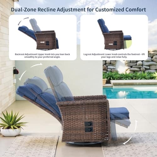 Swivel Patio Recliner Chairs Set of 2, 360° Rotation Outdoor Lounge Chairs, Adjustable Backrest & Footrest, Wide Armrests, PE Wicker with Removable Cushions for Deck, Poolside, Garden