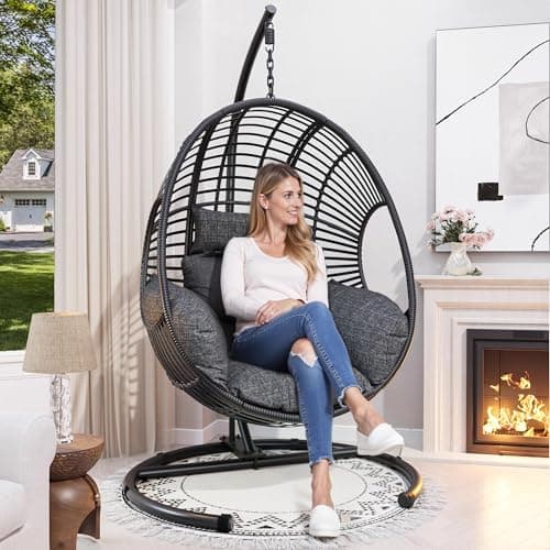 Oversized Hanging Egg Chair Outdoor Wicker Swing Chair with Stand Rain Cover UV Resistant Cushion 400lbs Capacity for Patio, Garden and Balcony