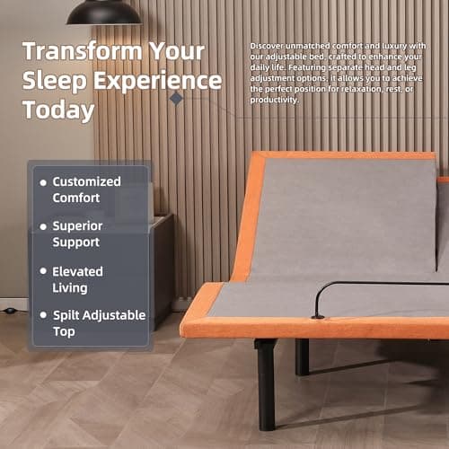 ESHINE Split Queen Adjustable Bed Frame with Mattress - 14" Gel Memory Foam Mattress, USB Ports, Underbed Night Light, Head and Foot Incline, Top Split Queen, Orange